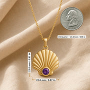 925 sterling silver fan-shaped seashell pendant with fluted relief and a round purple amethyst birthstone. Product dimensions and measurements.