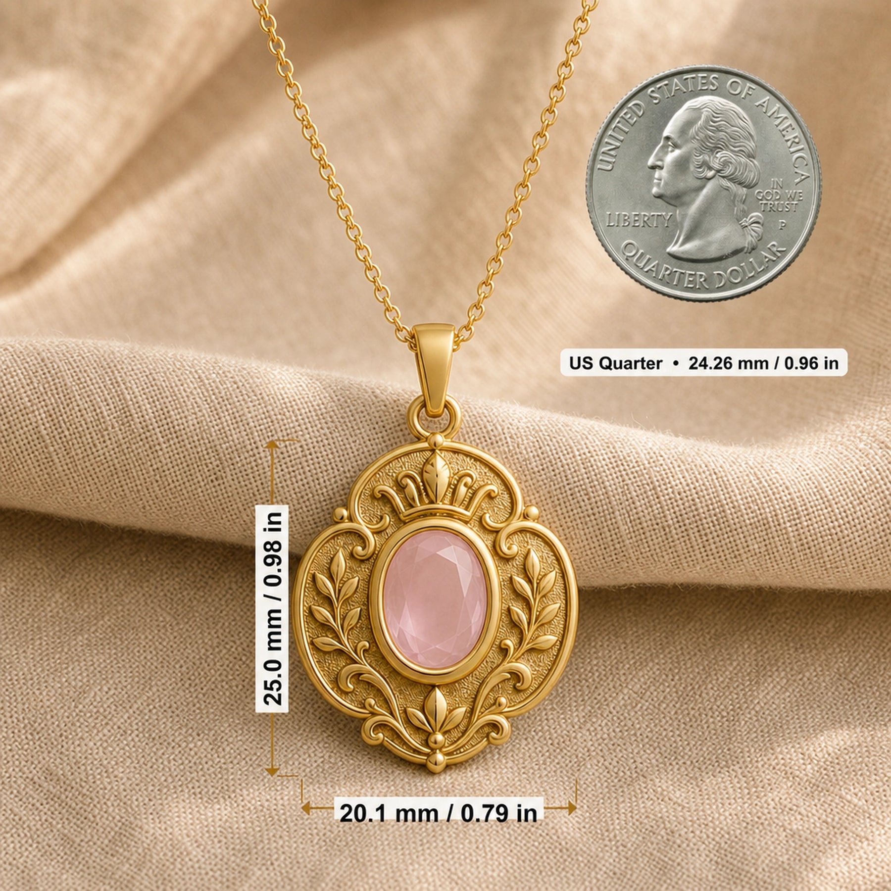 Rose quartz regal garden pendant with a faceted oval pink stone in a smooth bezel setting, surrounded by raised leaf motifs, scrollwork, and textured floral details. Product dimensions and measurements.