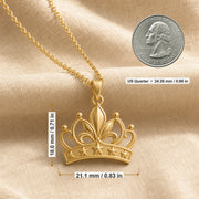 Lily star crown pendant with sculpted flower petals, openwork crown scrolls and raised star details, suspended from a cable chain in 925 sterling silver. Product dimensions and measurements.