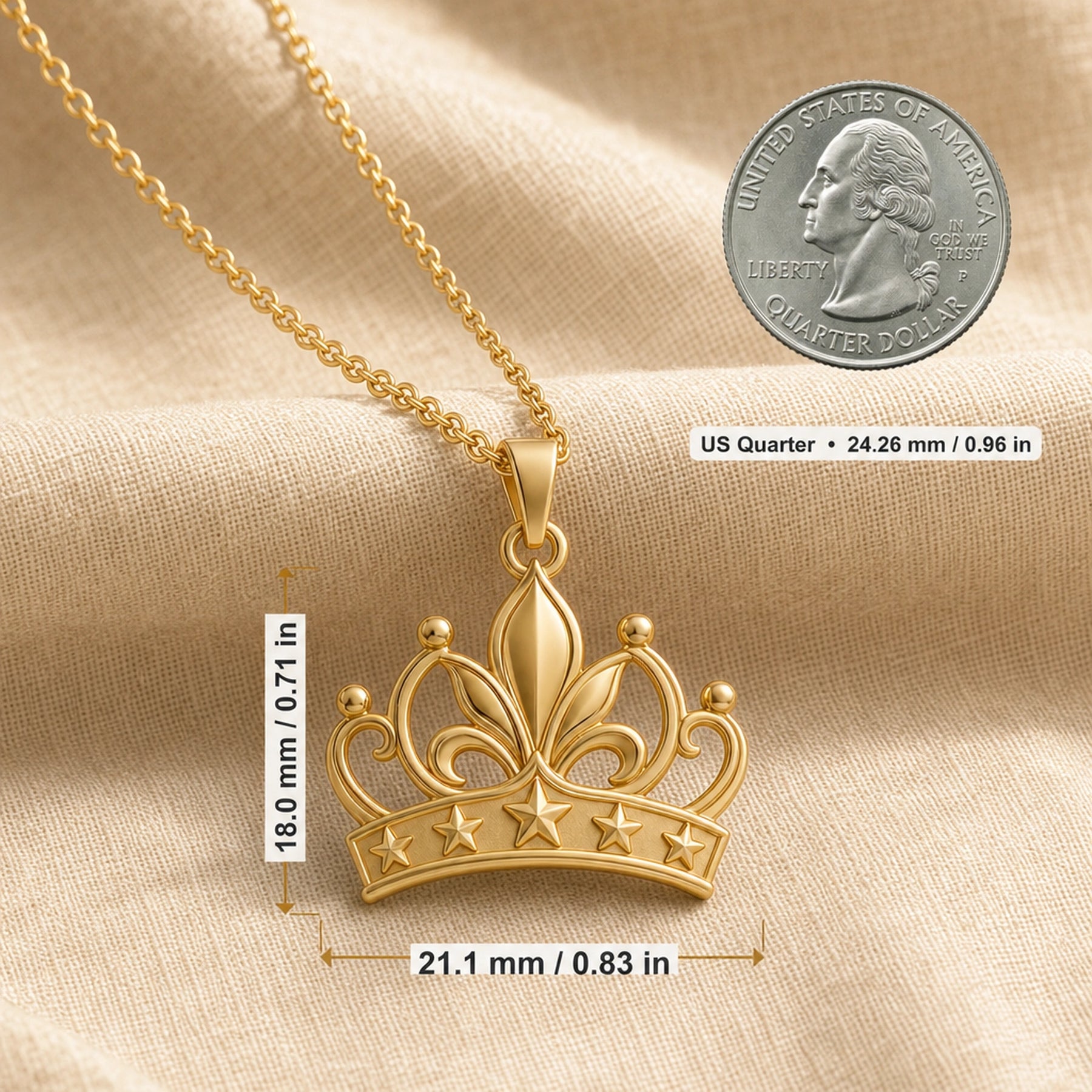 Lily star crown pendant with sculpted flower petals, openwork crown scrolls and raised star details, suspended from a cable chain in 925 sterling silver. Product dimensions and measurements.