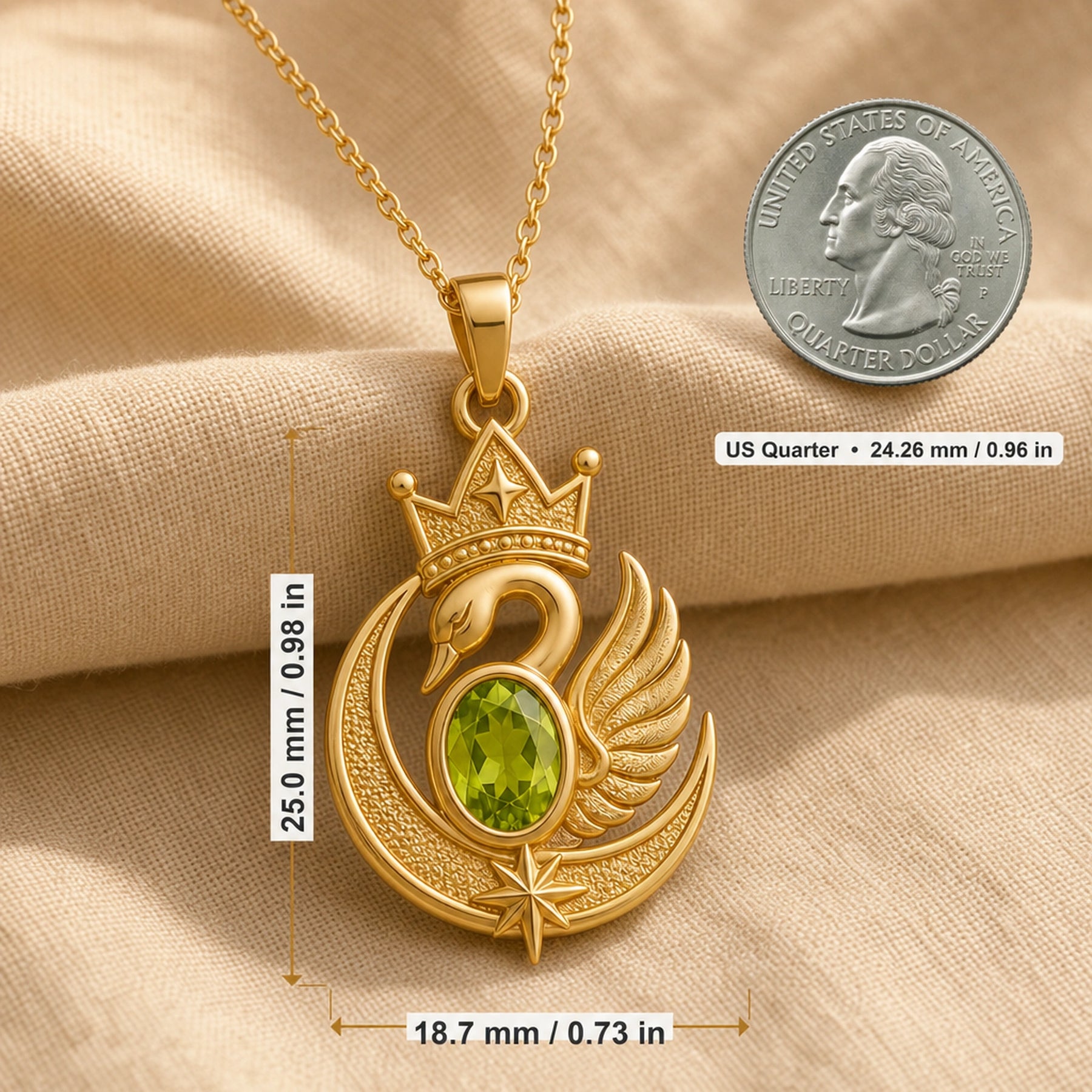Peridot moon swan crown pendant with an oval green stone in a framed setting, detailed crowned swan, textured crescent moon, raised wing, and star accents. Product dimensions and measurements.
