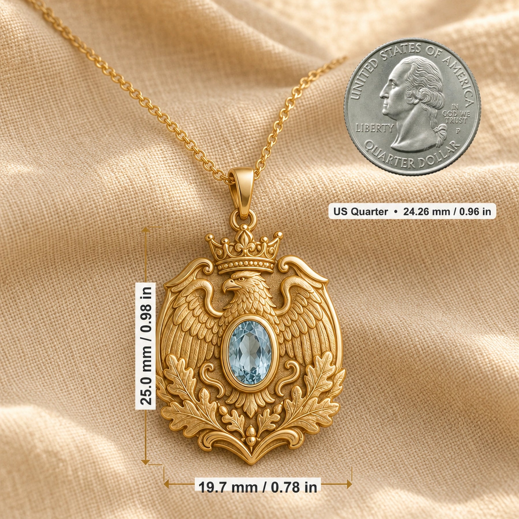 Aquamarine imperial eagle pendant with a crowned eagle, detailed feathered wings, raised oak leaves, and an oval pale-blue stone in a smooth decorative setting. Product dimensions and measurements.