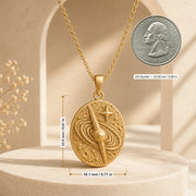 925 sterling silver oval quasar relief pendant with orbital rings, textured celestial details and a raised star. Product dimensions and measurements.