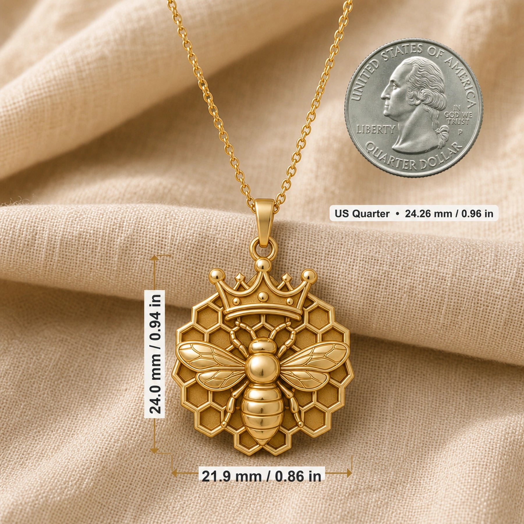 Crowned bee honeycomb pendant in 925 sterling silver, featuring a raised bee with textured wings, a sculpted crown, and open hexagonal honeycomb detailing. Product dimensions and measurements.