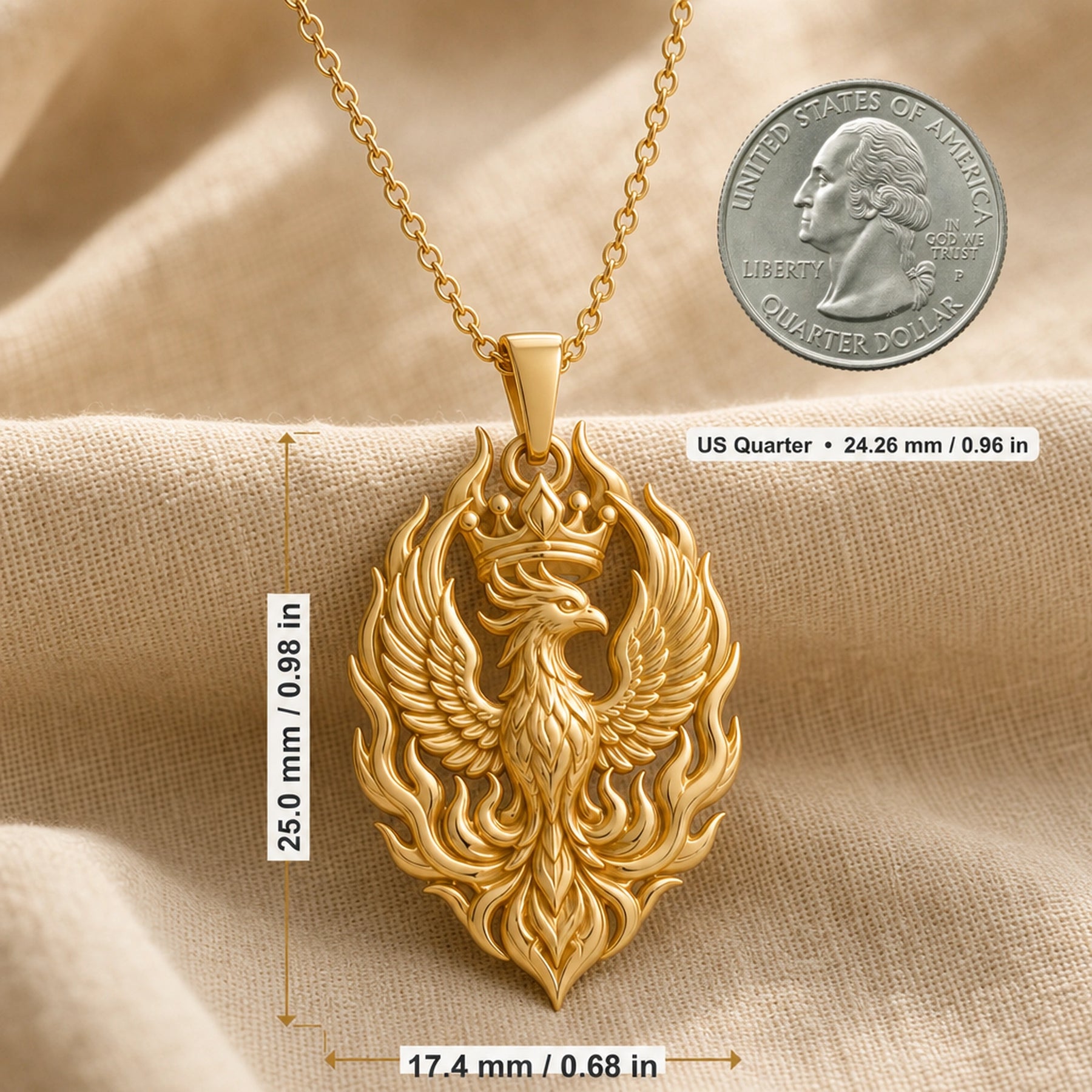 Imperial phoenix crown pendant with raised feathered wings, a detailed crowned bird, and flowing flame-like openwork in a polished sculptural finish. Product dimensions and measurements.