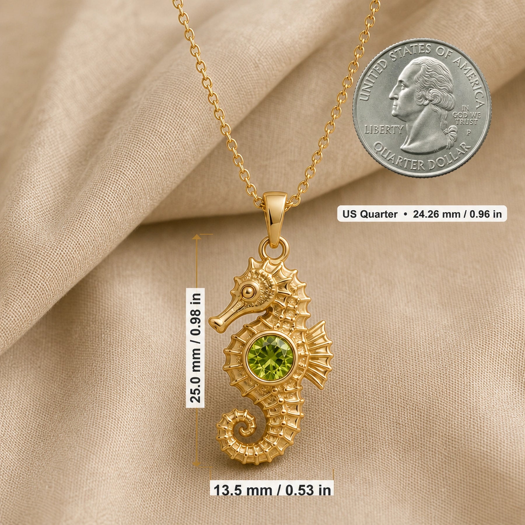 925 sterling silver seahorse pendant with a curled tail, sculpted marine details and a round green peridot centerpiece. Product dimensions and measurements.