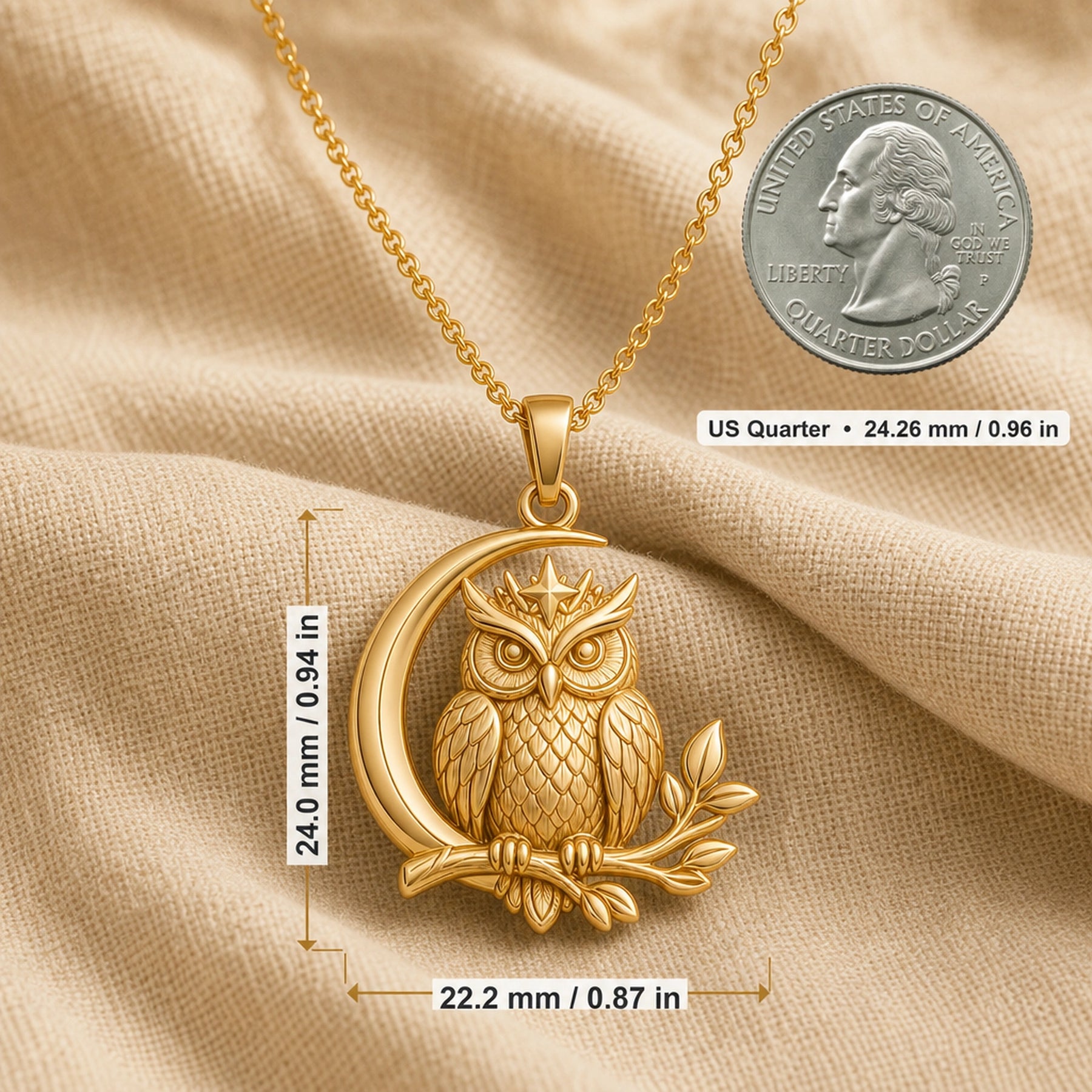 Moonbranch owl pendant in 925 sterling silver with a detailed feathered owl perched on a leafy branch, framed by a crescent moon and raised star accent. Product dimensions and measurements.