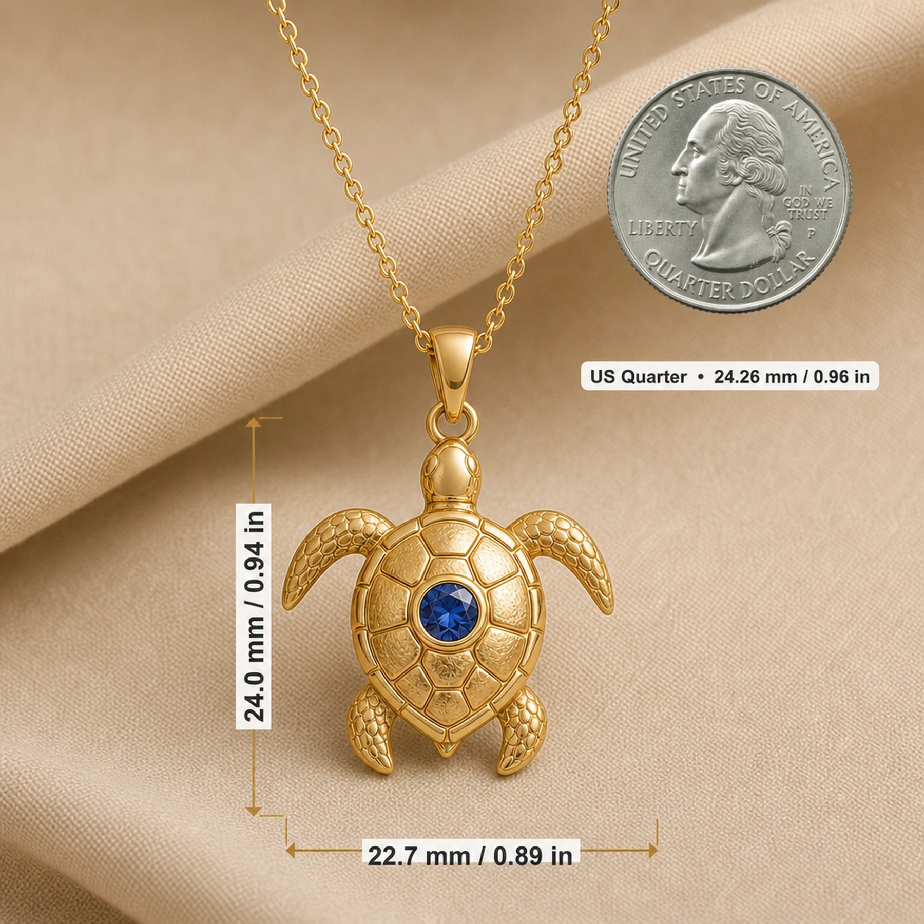 925 sterling silver sea turtle pendant with patterned shell plates, textured flippers and a round blue sapphire centerpiece. Product dimensions and measurements.