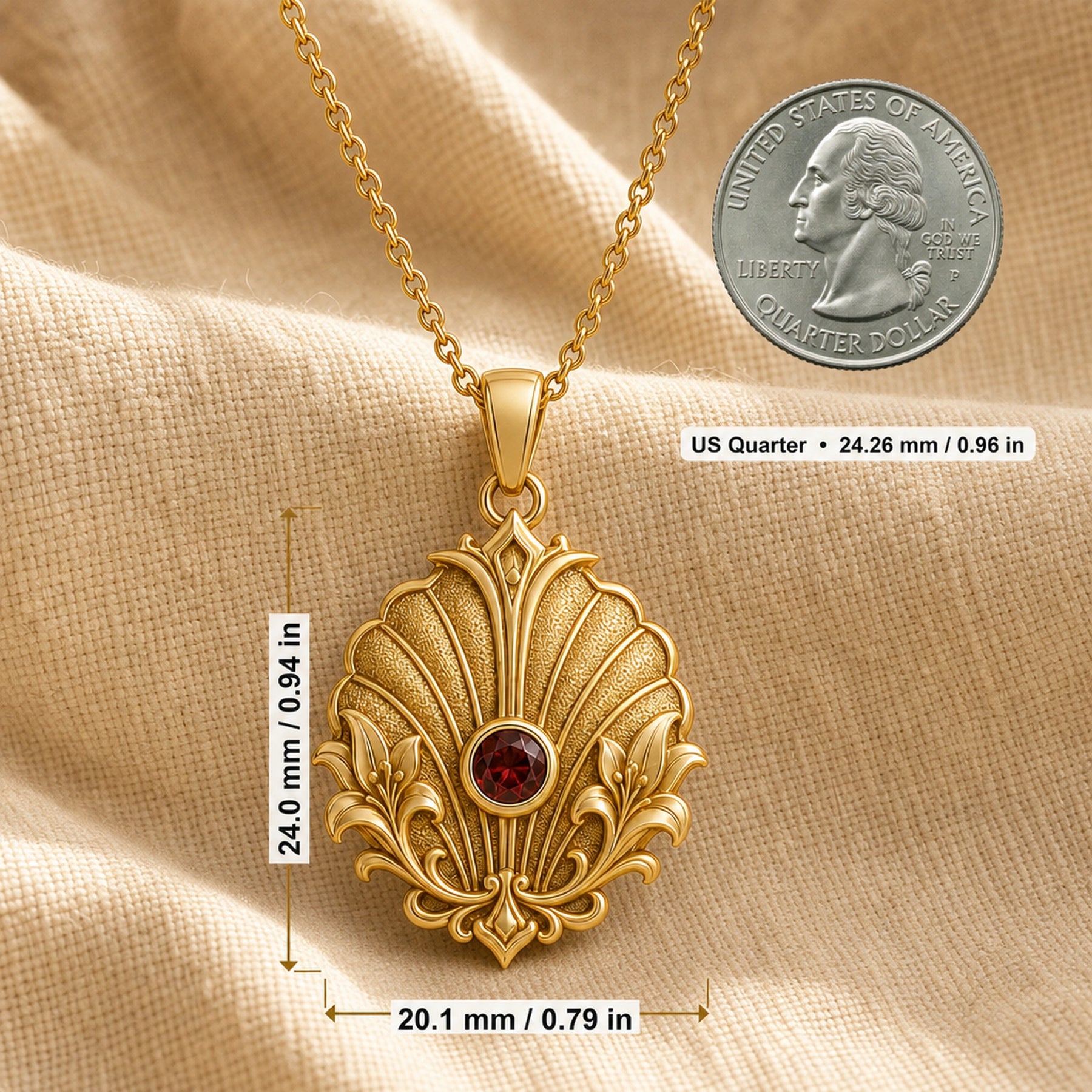 Imperial garnet lily shell pendant with a round deep-red stone in a smooth bezel, framed by raised lily flourishes and textured shell-like fan relief. Product dimensions and measurements.