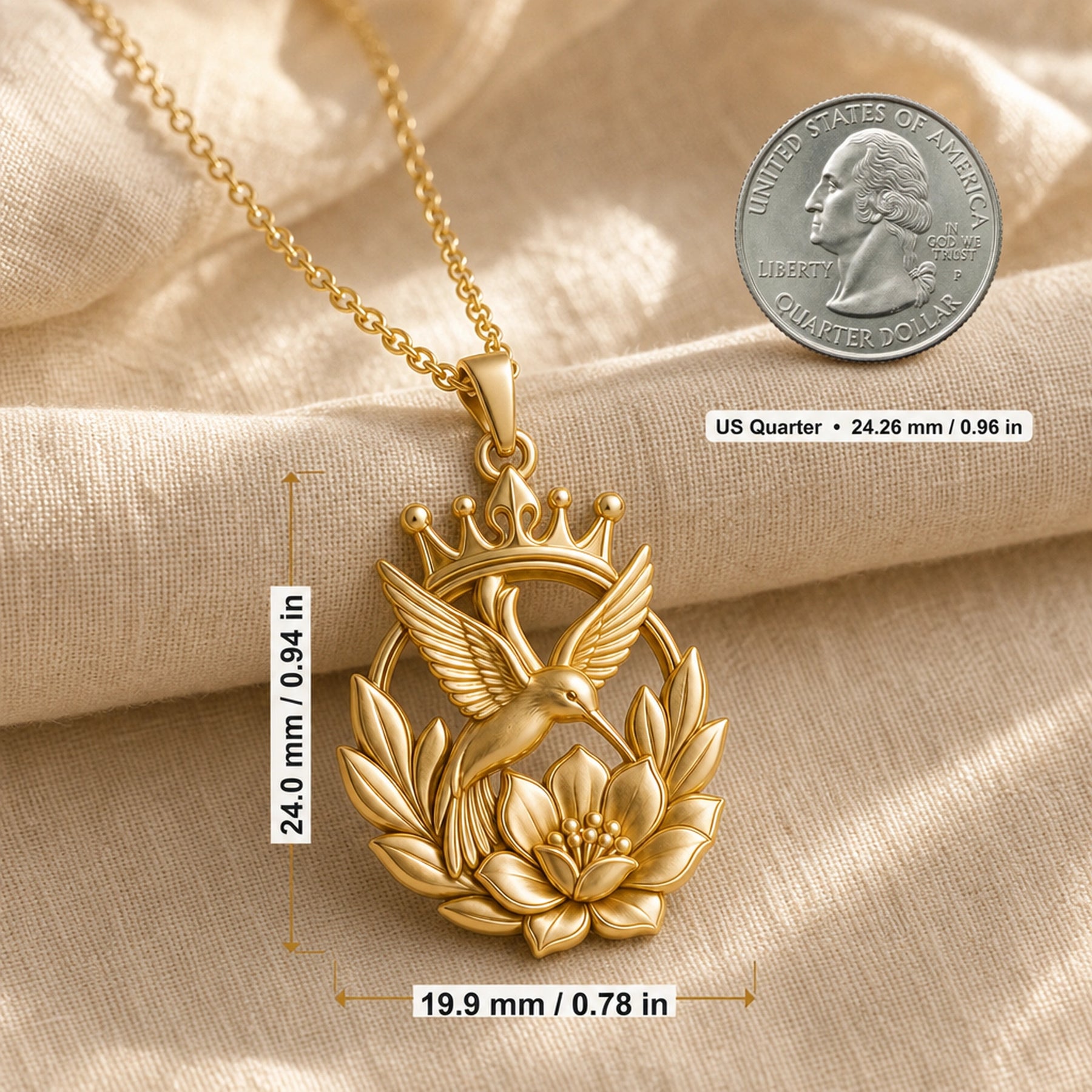 Crownblossom hummingbird pendant necklace with a raised crown, detailed flying bird, open leaf wreath, and sculpted flower in a warm-toned finish. Product dimensions and measurements.