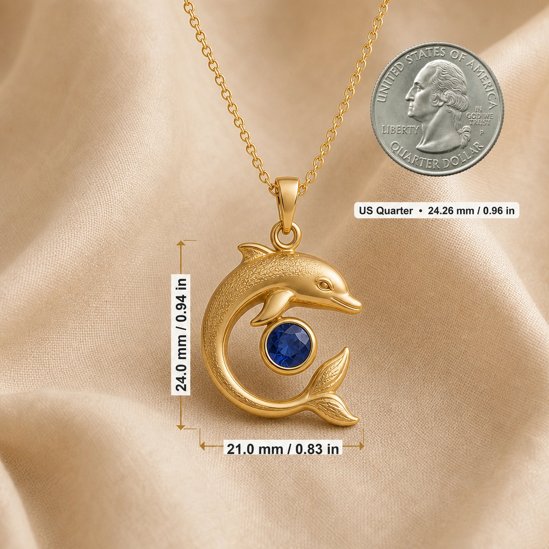 925 sterling silver dolphin pendant in a curved swimming pose around a round blue sapphire centerpiece. Product dimensions and measurements.