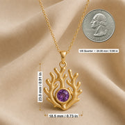 925 sterling silver branching coral pendant embracing a round purple amethyst birthstone centerpiece. Product dimensions and measurements.