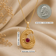 925 sterling silver tide pendant with curling ocean waves, coral and shell details, and a round ruby centerpiece. Product dimensions and measurements.