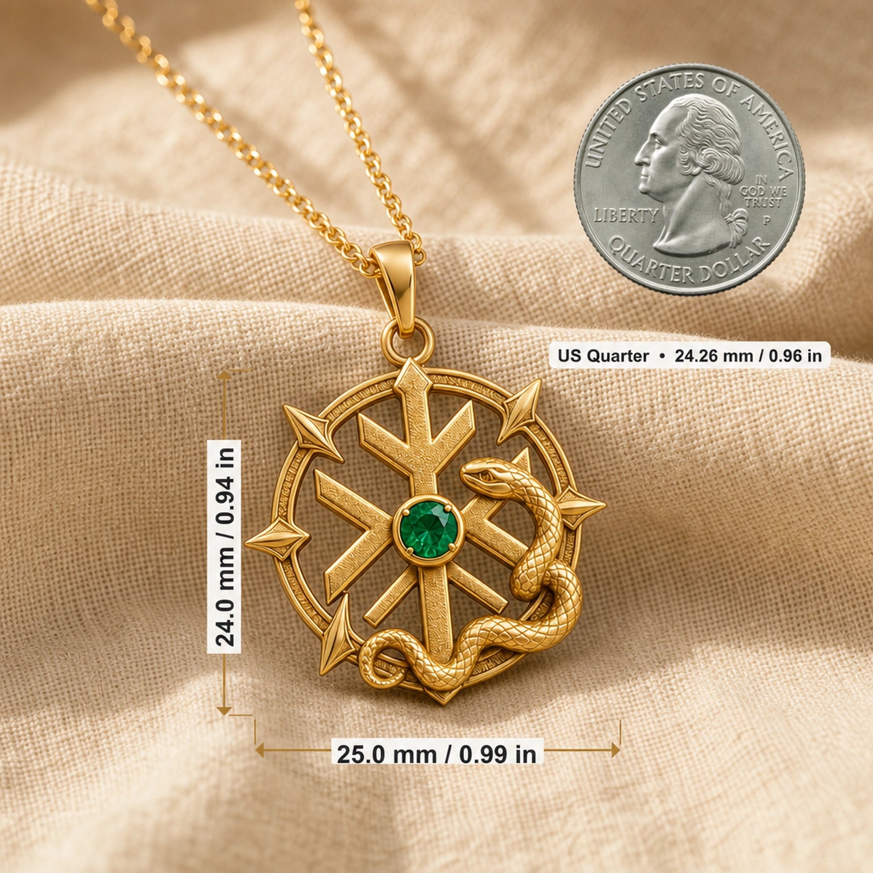 Imperial emerald elder rune snake pendant with a round green bezel-set stone, radiant sun-shaped rune design, and textured serpent relief surrounding the circular frame. Product dimensions and measurements.