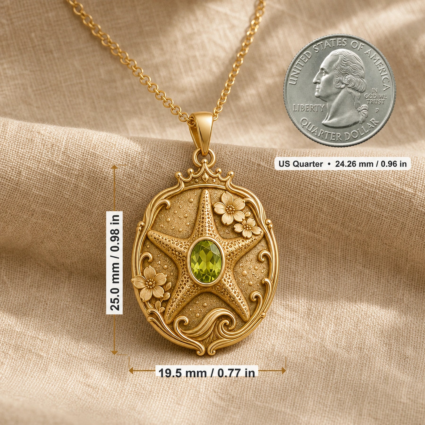 Ornate peridot Sakura starfish locket pendant with a raised textured starfish, small floral details, scrolling border and oval green stone in a bezel-style setting. Product dimensions and measurements.