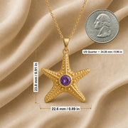 925 sterling silver five-arm starfish pendant with raised bead texture and a round purple amethyst centerpiece. Product dimensions and measurements.
